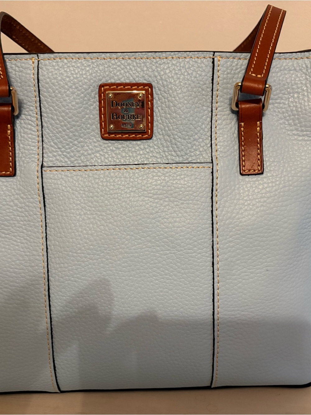 Dooney & Bourke Light Blue Pebble Leather Tote with Brown Trim